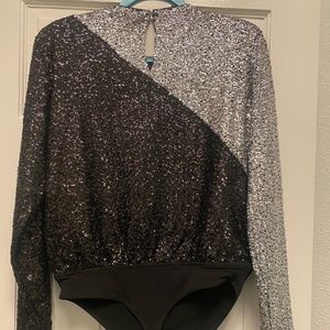 New Express Silver and Black Sequin Body Suit